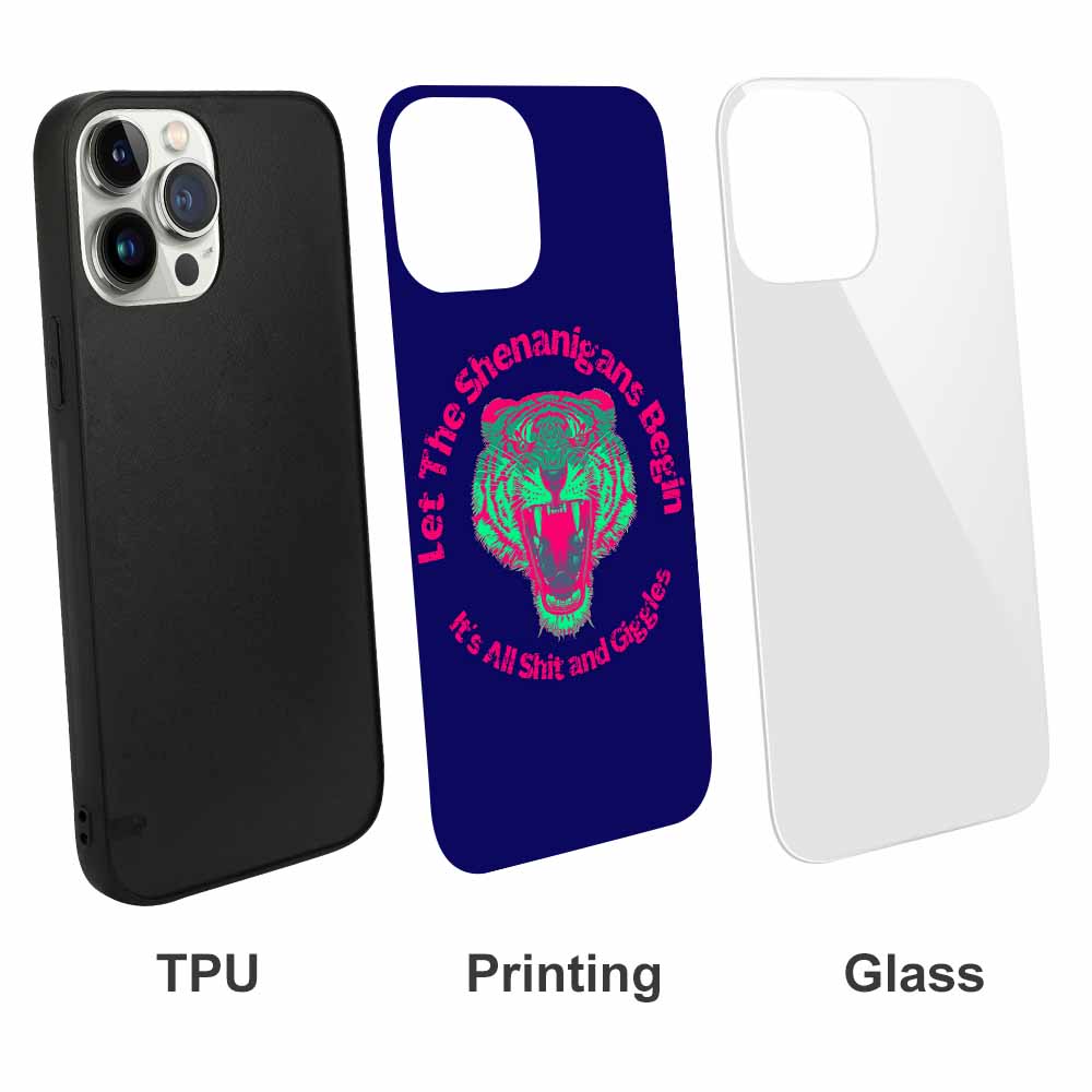iPhone 13 case components: TPU, printed design, and glass back. Scratch-resistant with wireless charging support.