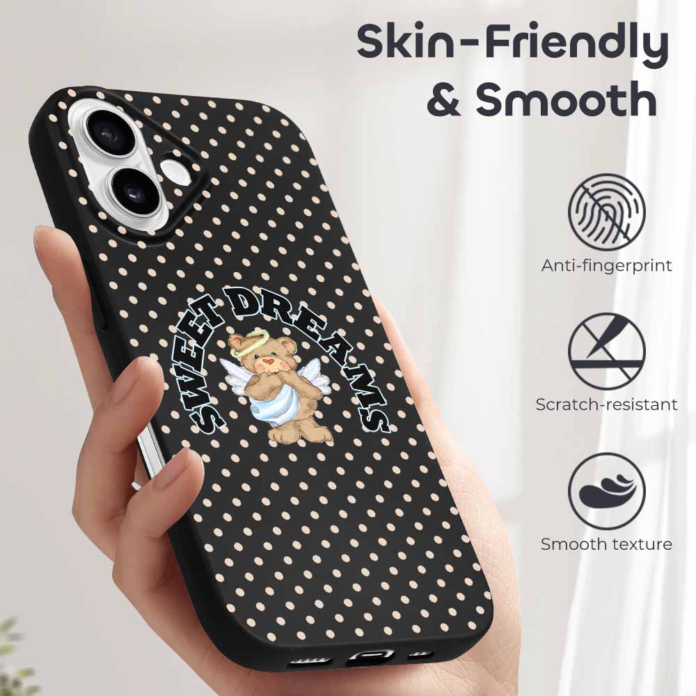 iPhone 16 Series case with baby angel design, polka dots, TPU protective cover, skin-friendly & smooth.