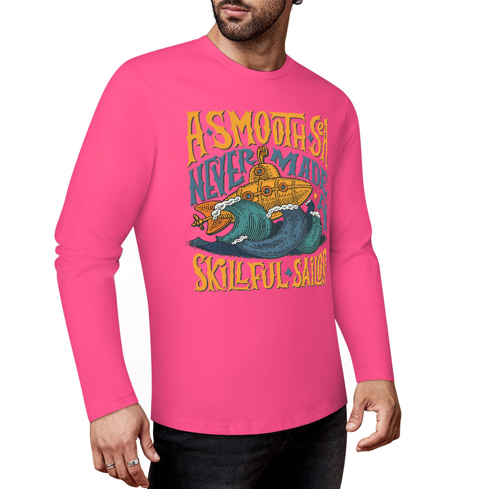 Pink pure cotton long-sleeved T-shirt with ASMODUS Shark Attack graphic, casual wear.