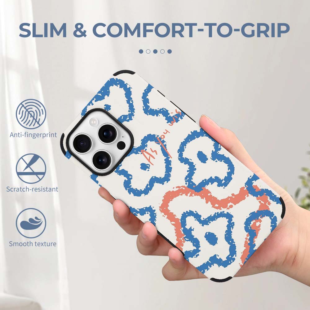 iPhone 16 fiber skin case with abstract blue and orange pattern, slim and comfortable grip, protective cover.