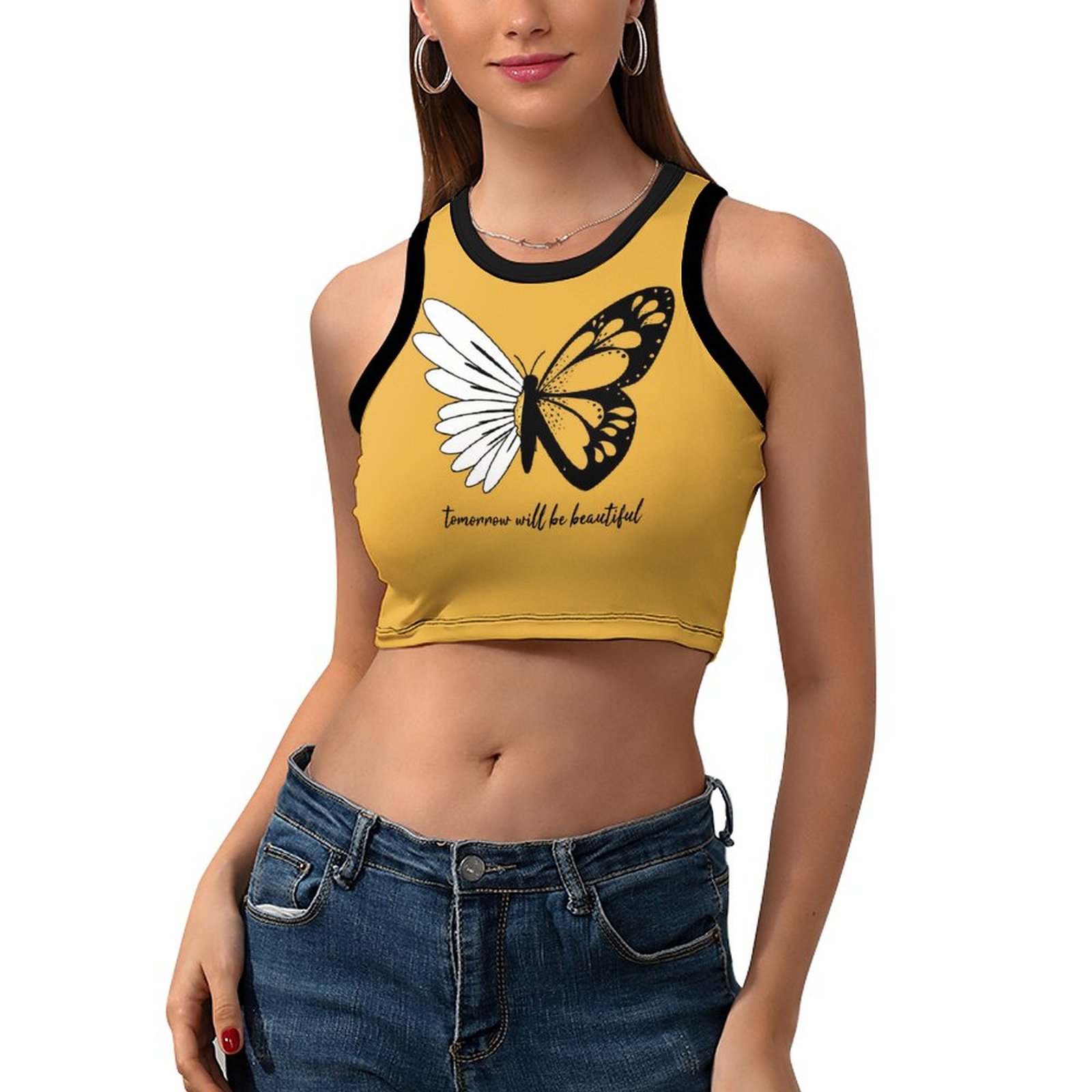 Yellow cropped racer tank top with butterfly graphic, perfect for summer or layering, from Inkedjoy.