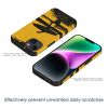 Yellow iPhone 14 fiber skin case with surfer silhouette and sunset, scratch-resistant, stylish design.