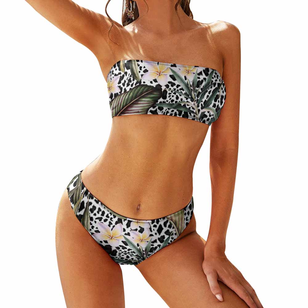 Ladies Two Piece Bikini Swimsuit in floral print, strapless design, perfect for summer beachwear.