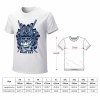 White cotton men's T-shirt with blue samurai skull design, size chart included, perfect for events.