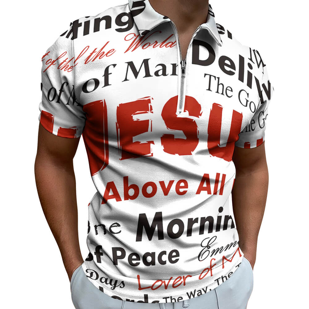 Short sleeve polo shirt with JESUS and inspirational text print, white and red color, for casual wear.