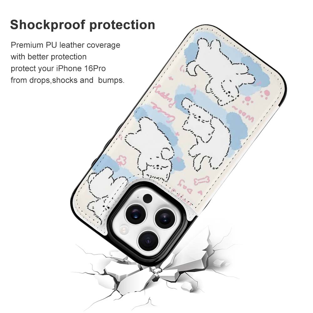 iPhone 16 case with cartoon bear design, shockproof protection, TPU leather cover.