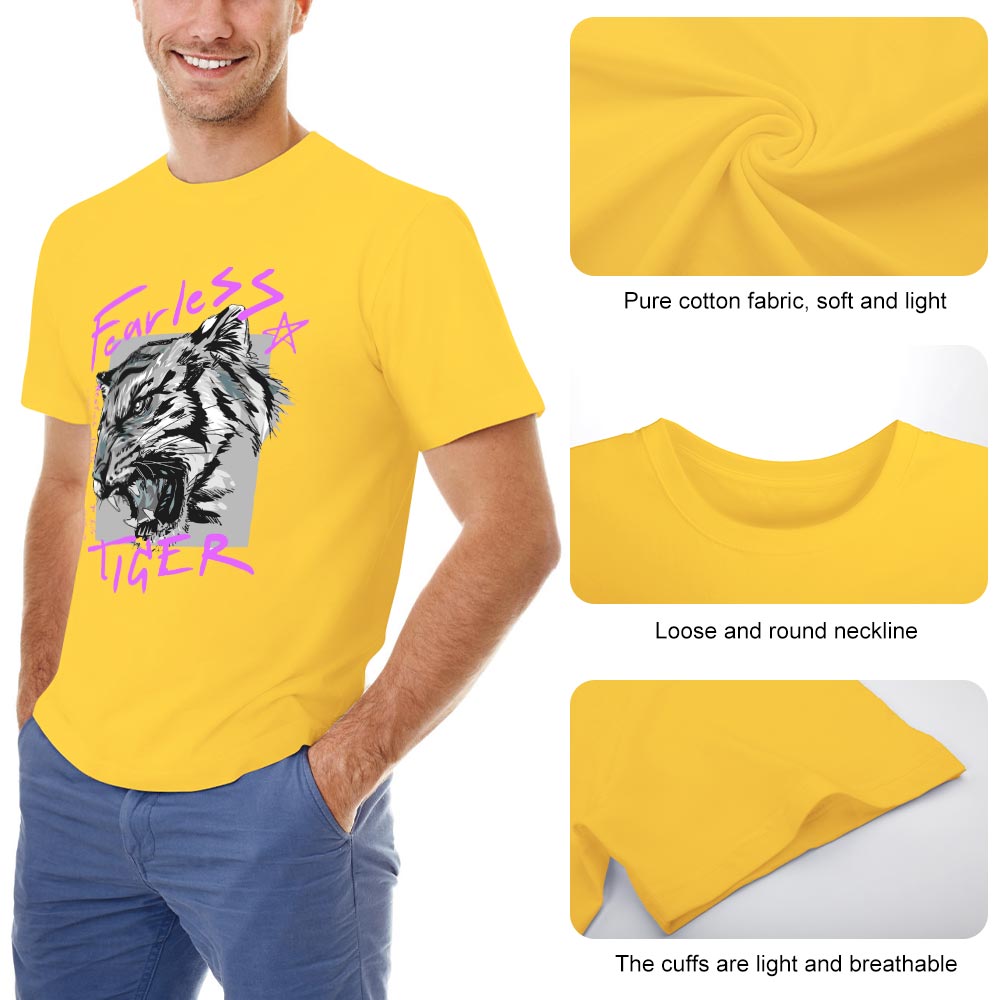 Yellow cotton men's Fearless Tiger graphic T-shirt, front and back print, with comfort details
