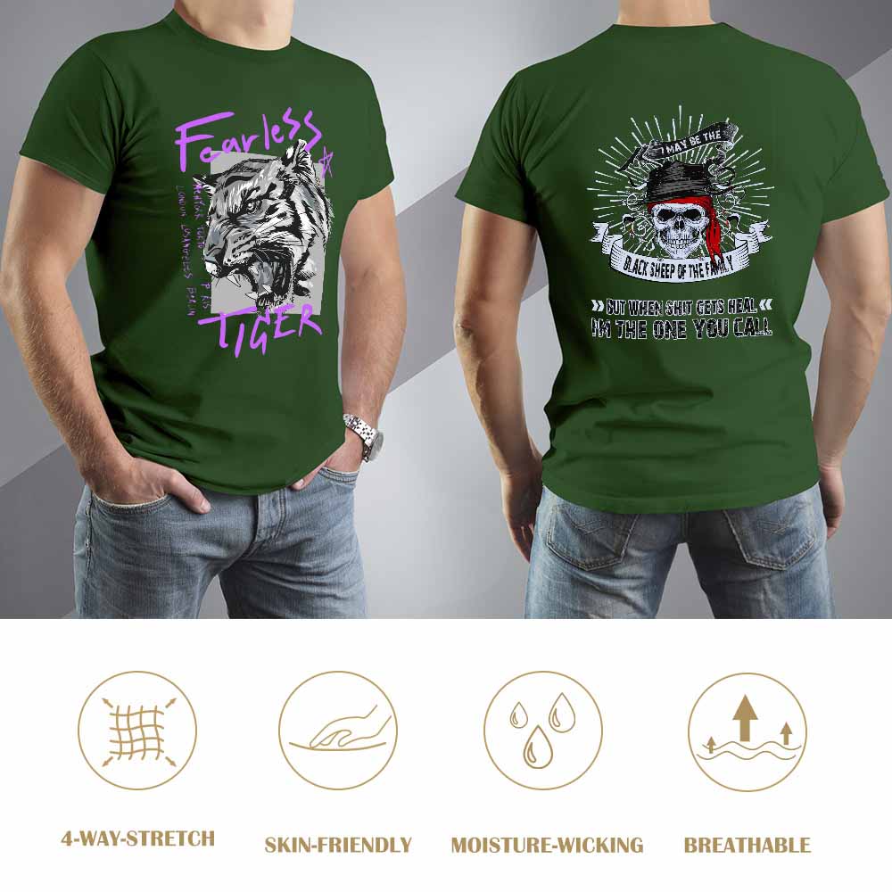 Green cotton Fearless Tiger graphic T-shirt, front and back view, collection
