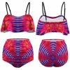 Ruffle top bikini swimsuit with high-waisted bottoms, colorful print, polyester & spandex.