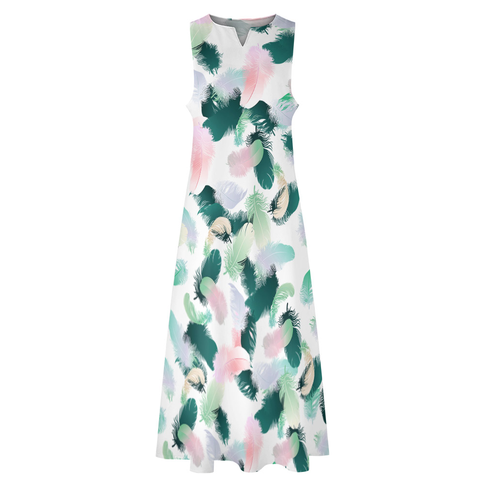 White floral print long dress, sleeveless polyester summer vacation outfit