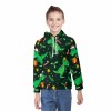 Youth all over print hoodie featuring a green dinosaur pattern with a zipper on a young person.