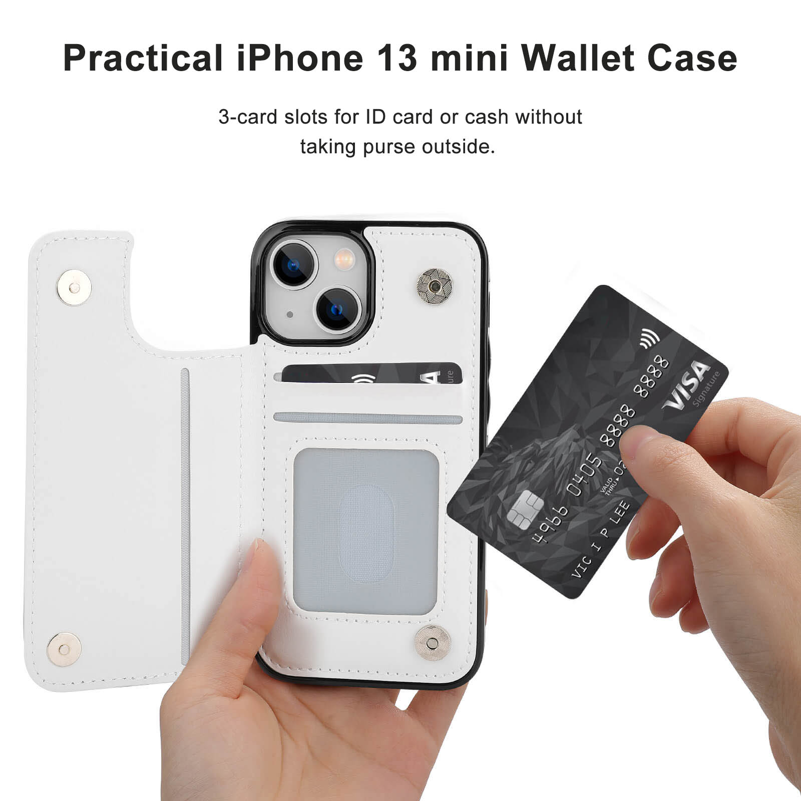 White iPhone 13 mini wallet case with card slot, offering protection and convenience for iPhone 13 mini.