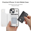 White iPhone 13 mini wallet case with card slot, offering protection and convenience for iPhone 13 mini.