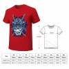 Red cotton samurai skull T-shirt with size chart. Ideal for events and leisure, 100% cotton.