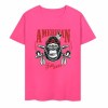 Pink cotton short-sleeved T-shirt with AMERICAN LEGEND gorilla graphic print, summer fashion.