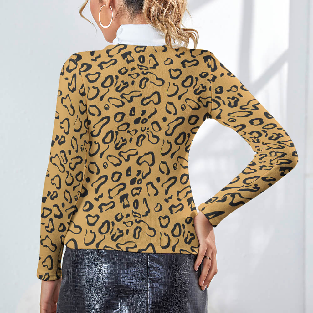 Women's leopard print lapel sweater with white turtleneck, perfect for winter fashion.