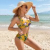 Yellow floral one-shoulder bikini, high-waisted design, perfect for beach vacation. Made of polyester and spandex.