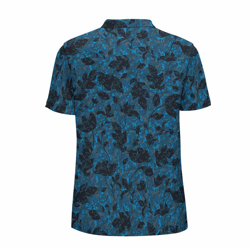Blue mesh polo shirt with dark floral pattern, perfect for golf and outdoor activities, moisture-wicking fabric.