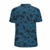 Blue mesh polo shirt with dark floral pattern, perfect for golf and outdoor activities, moisture-wicking fabric.