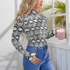 Snakeskin print bodysuit for women, high neck, long sleeves. Polyester-spandex blend.