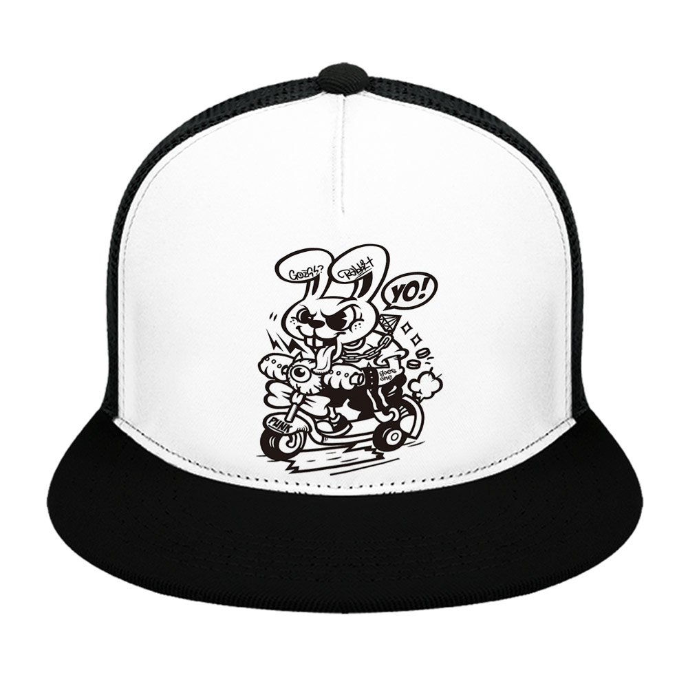 Black and white baseball cap with a rabbit graphic, breathable mesh, and adjustable design, suitable for sports.