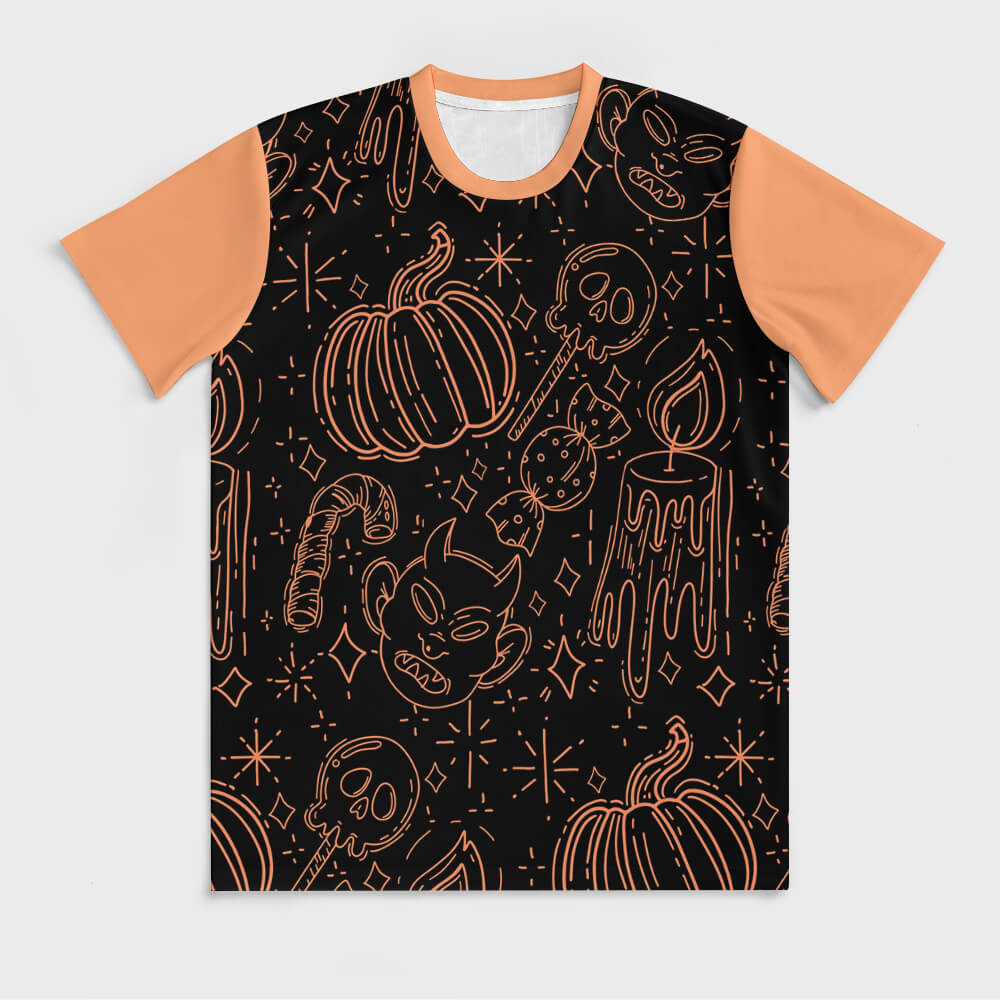 Ice Silk All Print T-shirt with black and orange pumpkin pattern, perfect for summer wear.