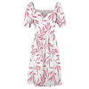 White Sweetheart dress with pink floral print, short sleeves, and elastic straps