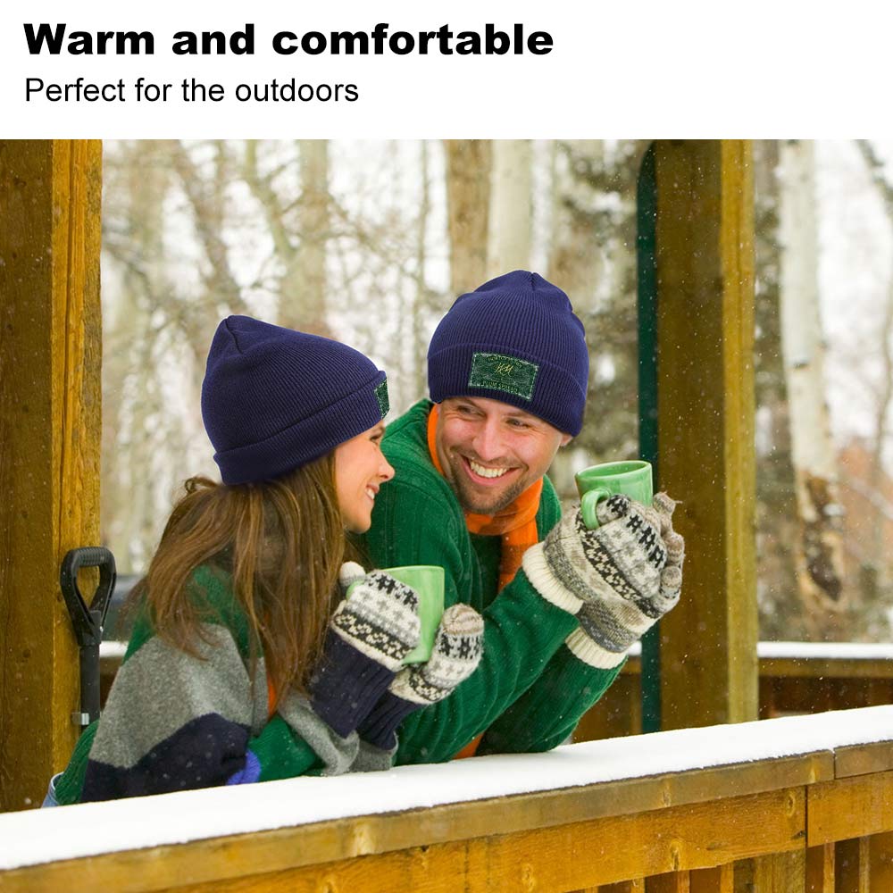 Navy knitted cap couple, warm and comfortable winter wear for outdoors.