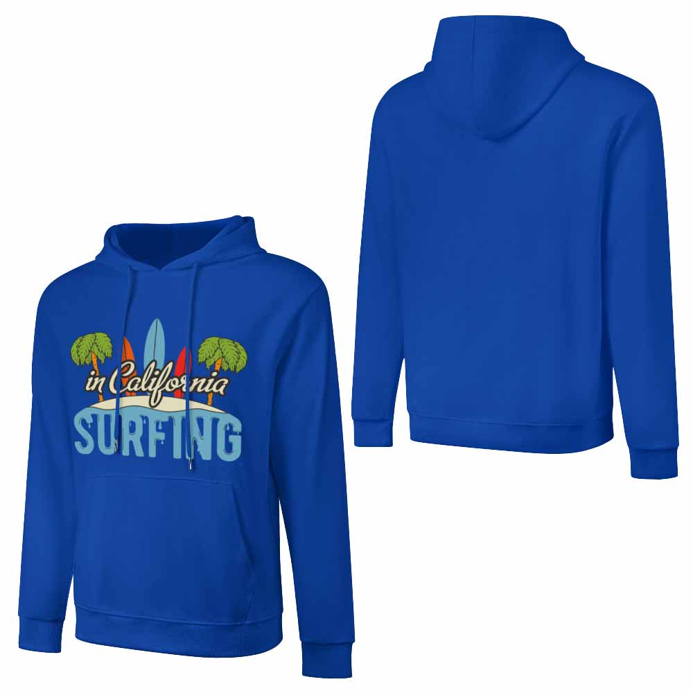 Royal blue cotton California Surfing hoodie, loose fit, for daily wear.