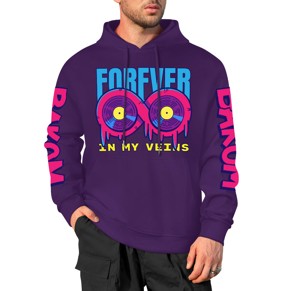 Purple cotton hooded sweater with FOREVER donut graphic and sleeve prints, youth fashion style.