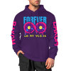 Purple cotton hooded sweater with FOREVER donut graphic and sleeve prints, youth fashion style.