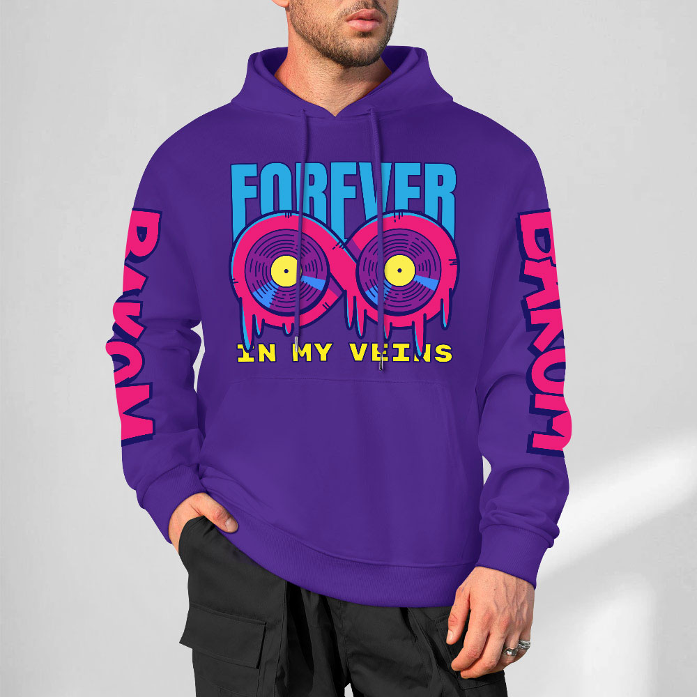 Purple cotton hoodie with FOREVER donut graphic and sleeve prints, youth fashion style.