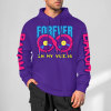 Purple cotton hoodie with FOREVER donut graphic and sleeve prints, youth fashion style.
