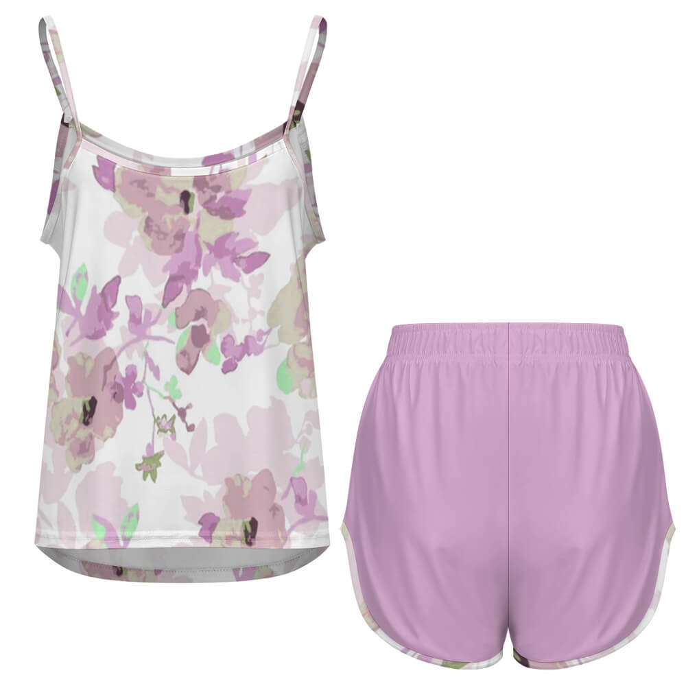 Ice silk strap pajama set with floral print top and lilac shorts, comfortable and skin-friendly.