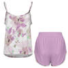 Ice silk strap pajama set with floral print top and lilac shorts, comfortable and skin-friendly.