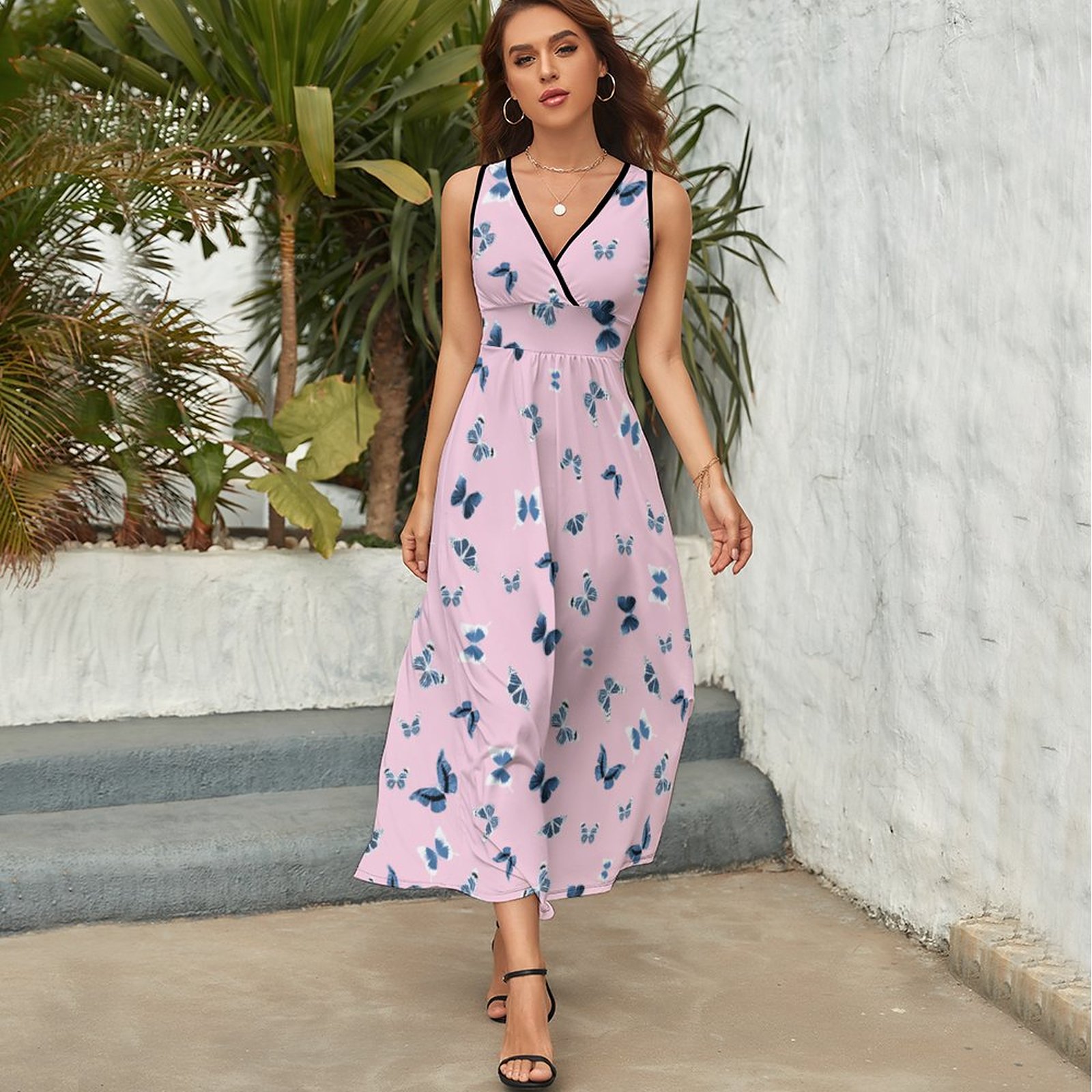 Light purple butterfly print sleeveless maxi dress, V-neck, perfect for parties and everyday wear.