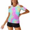 ACT off-shoulder U-neck short sleeve top in vibrant tie-dye print. Polyester-spandex blend for comfort and style.
