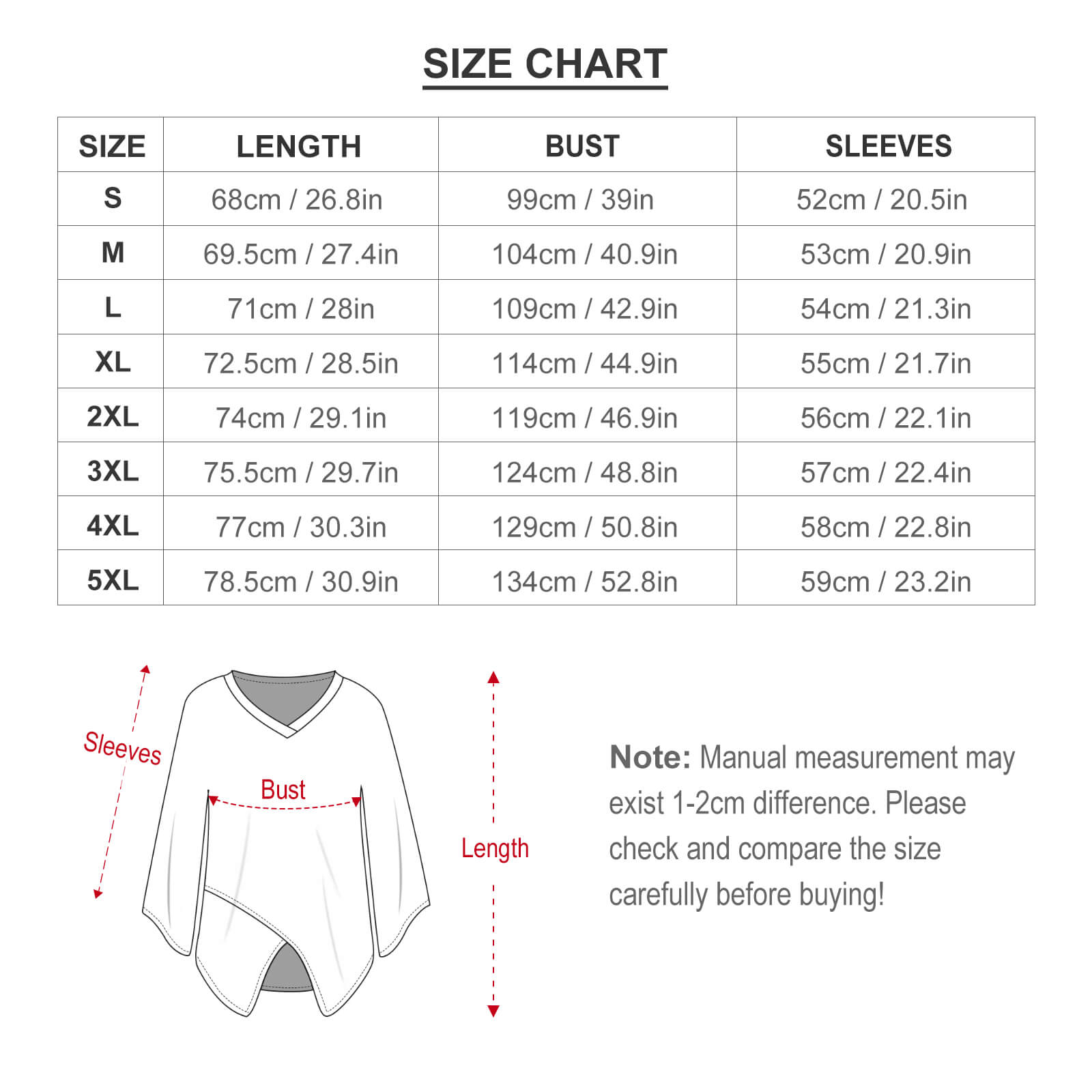 Sunscreen long sleeve shirt size chart, white chiffon measurements in cm/inches.