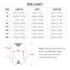 Sunscreen long sleeve shirt size chart, white chiffon measurements in cm/inches.