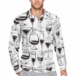 New Zipper Short Sleeve POLO shirt, white with black wine glass pattern.