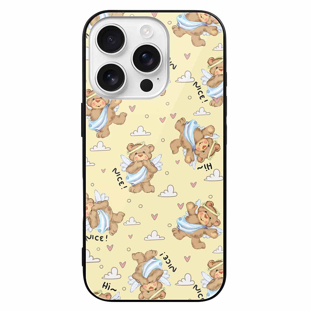 iPhone 16 series glass case with cute bear pattern on yellow, anti-scratch protection.