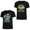 Black cotton surfing tee, front and back designs: Wild Wave California, Catch the Wave Surfing.