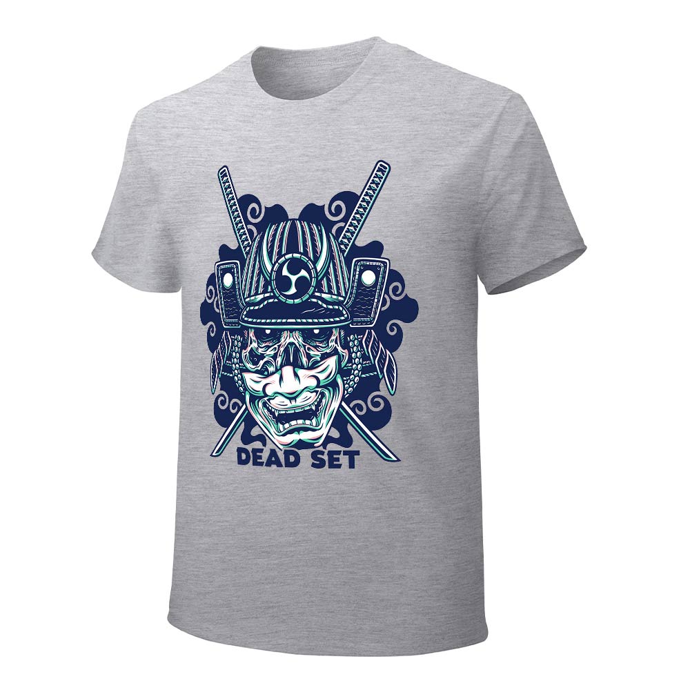 White cotton men's T-shirt with blue samurai skull design, ideal for leisure and events.