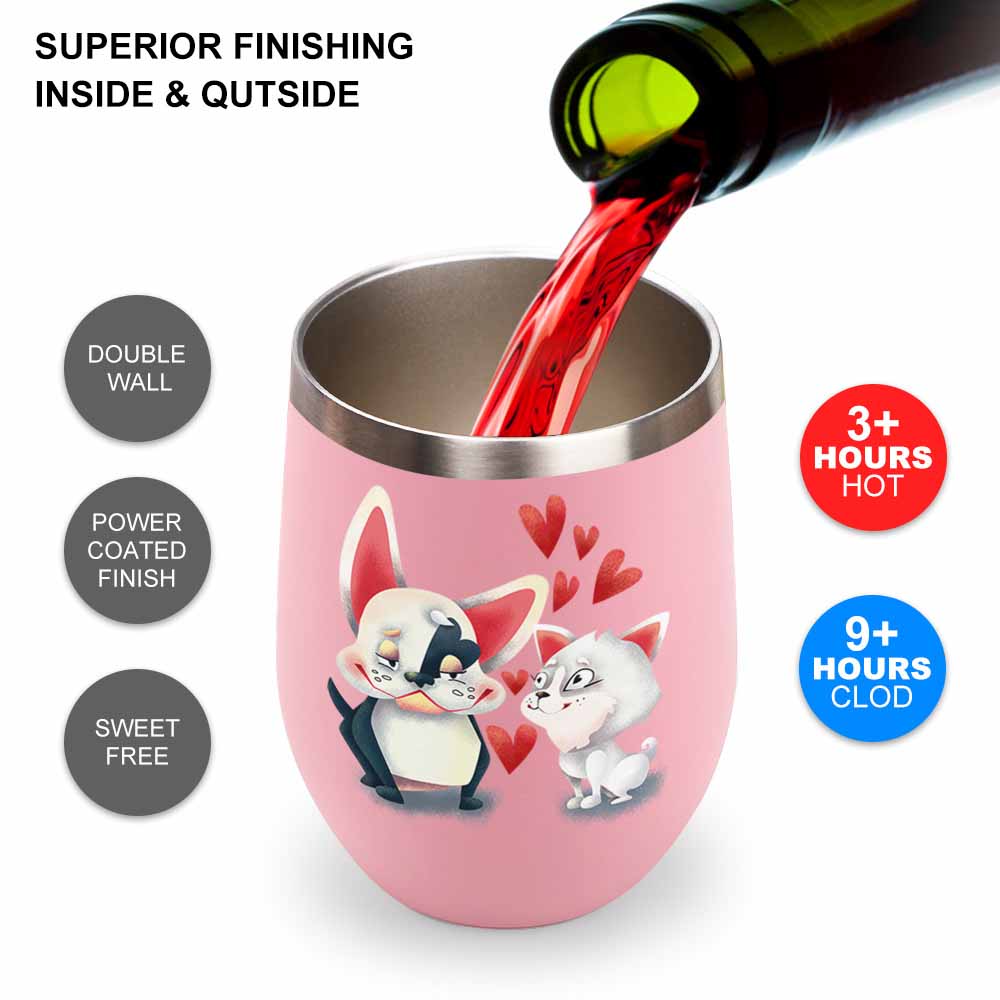 Pink insulated cup with cartoon cat, penguin design, filled with red wine. Spill-proof, Inkedjoy.