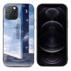 iPhone 12 Pro glass case with abstract sky and moon design, anti-fall protection, supports wireless charging.