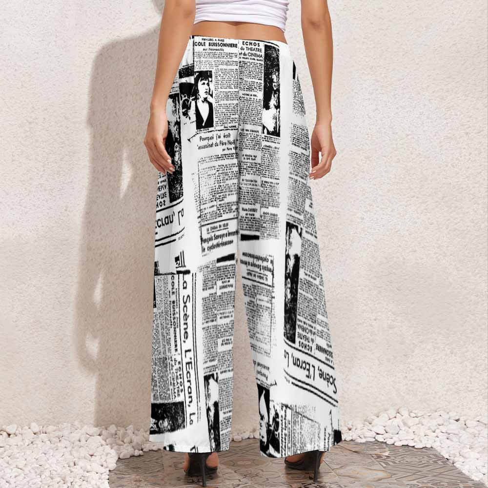 Black & white newspaper print wide leg pants, polyester. High-waisted design.