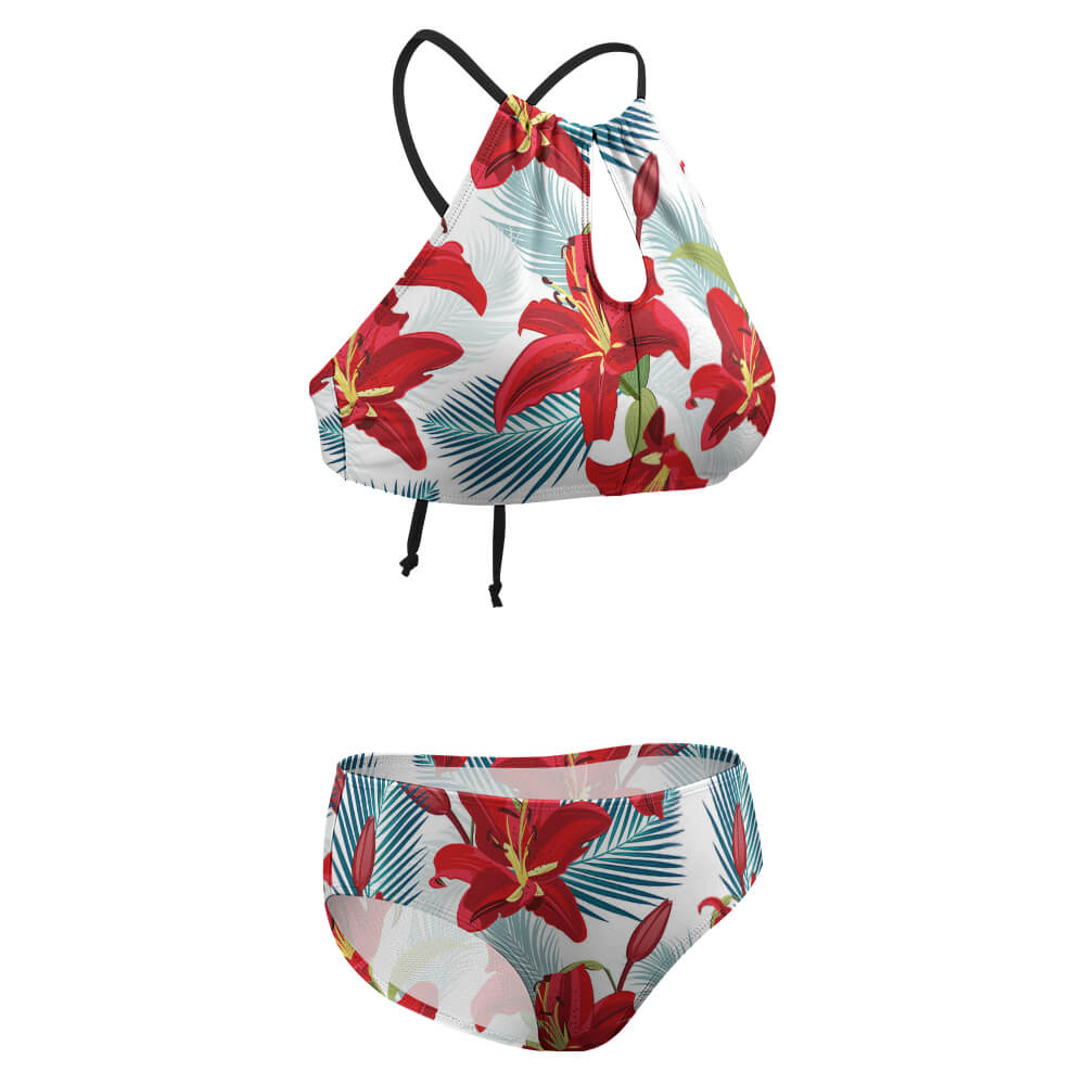 Floral print halter bikini swimsuit, red and white, perfect for summer beach wear