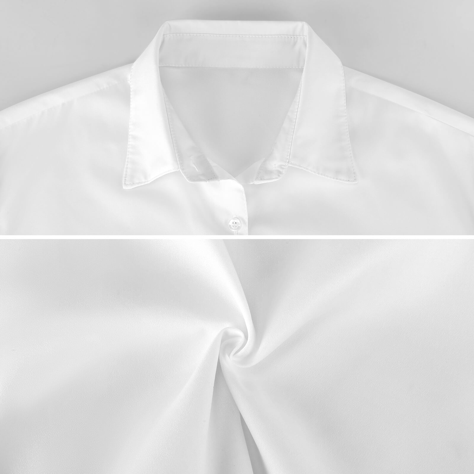 White 95% Polyester+5% Spandex women's shirt, close-up of collar and button details