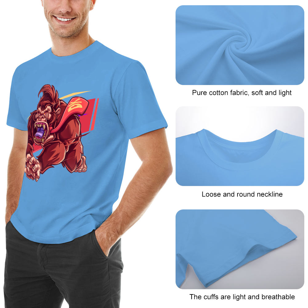 Light blue cotton men's t-shirt with red monster graphic print. Inkedjoy design.