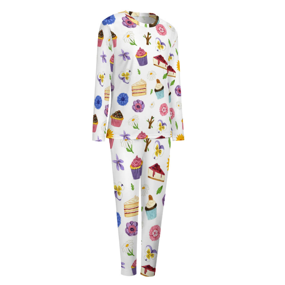 Women's soft pajama set in white with colorful food and cake patterns, long sleeve top and pants